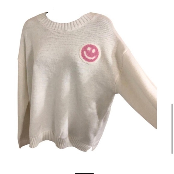 Jessica Simpson off white pink smiley face emoji‎ embroidered seeater size M - Picture 6 of 8